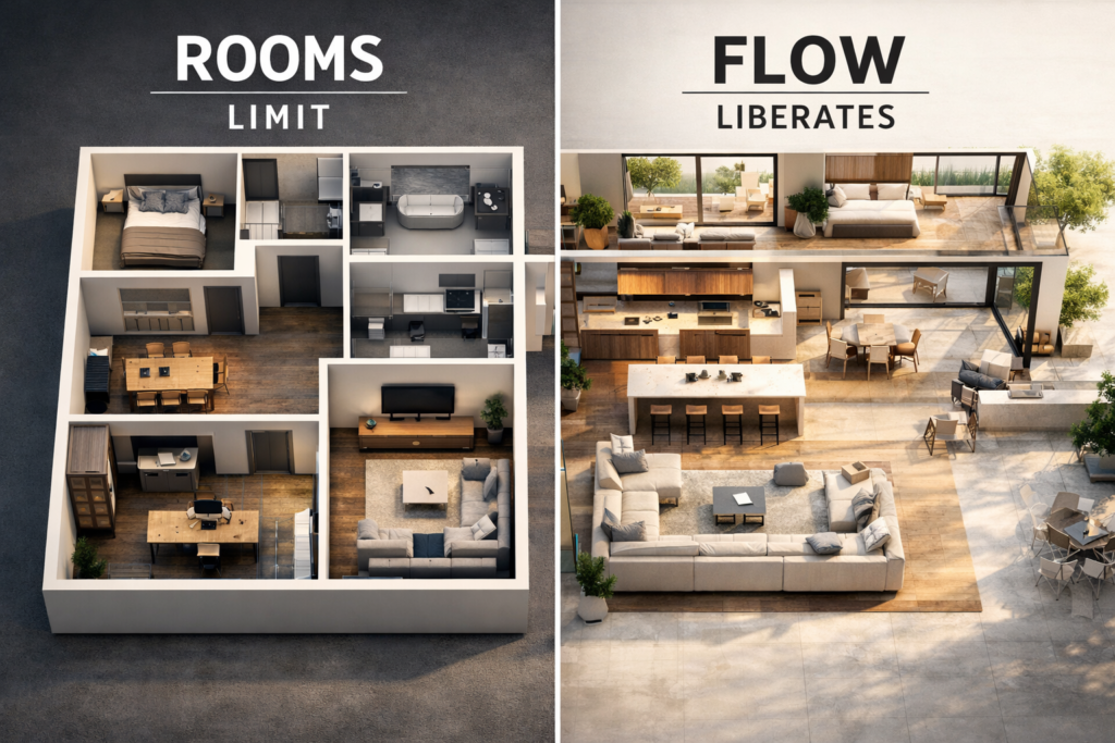 Rooms vs flow home design comparison showing traditional layout vs open-plan luxury interior with seamless space flow