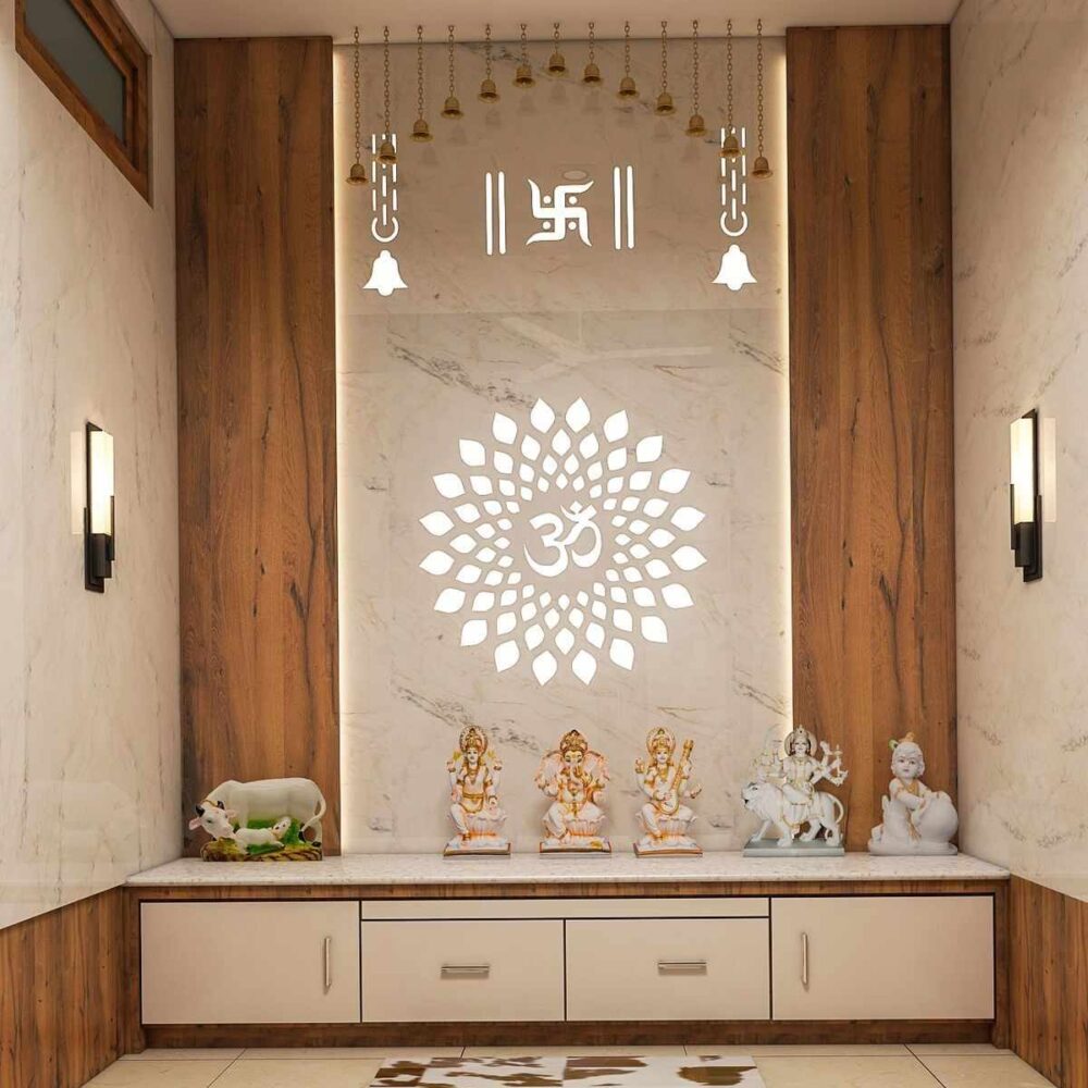 Marbel and wooden finish Mandir