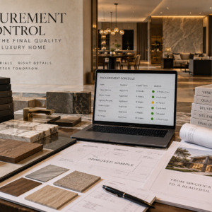 Procurement control in a luxury Indian home with approved stone, veneer, lighting, hardware, drawings, and material samples.