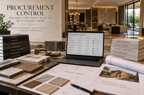 Procurement control in a luxury Indian home with approved stone, veneer, lighting, hardware, drawings, and material samples.