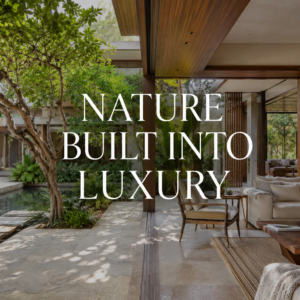 Biophilic design in a luxury Indian home with courtyard, natural light, garden views, stone, wood, and indoor-outdoor living.
