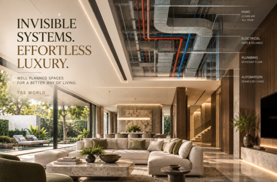 MEP coordination in a luxury Indian home showing HVAC, plumbing, electrical, lighting, automation, and concealed services.