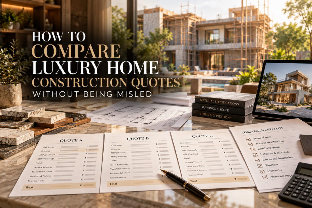 Architect comparing luxury home construction quotations, BOQ sheets and specifications on a project review table in Delhi NCR.