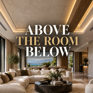 ceiling designed to orchestrate lighting: recessed linear lights, concealed cove glow, chandelier alignment, wall washing, and warm evening ambience. The room should feel sophisticated, layered, and quietly luxurious, with no visual clutter. Center text zone clean. Text: LIGHT SHAPES LUXURY