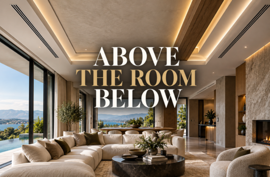 ceiling designed to orchestrate lighting: recessed linear lights, concealed cove glow, chandelier alignment, wall washing, and warm evening ambience. The room should feel sophisticated, layered, and quietly luxurious, with no visual clutter. Center text zone clean. Text: LIGHT SHAPES LUXURY