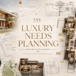 Refined luxury Delhi NCR villa or floor plan with zones highlighted and text LUXURY NEEDS PLANNING