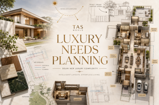Refined luxury Delhi NCR villa or floor plan with zones highlighted and text LUXURY NEEDS PLANNING