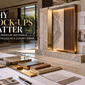 Luxury home construction mock-up with stone, veneer, brass and door junctions reviewed before repeated installation.