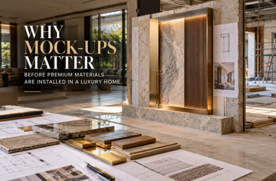 Luxury home construction mock-up with stone, veneer, brass and door junctions reviewed before repeated installation.