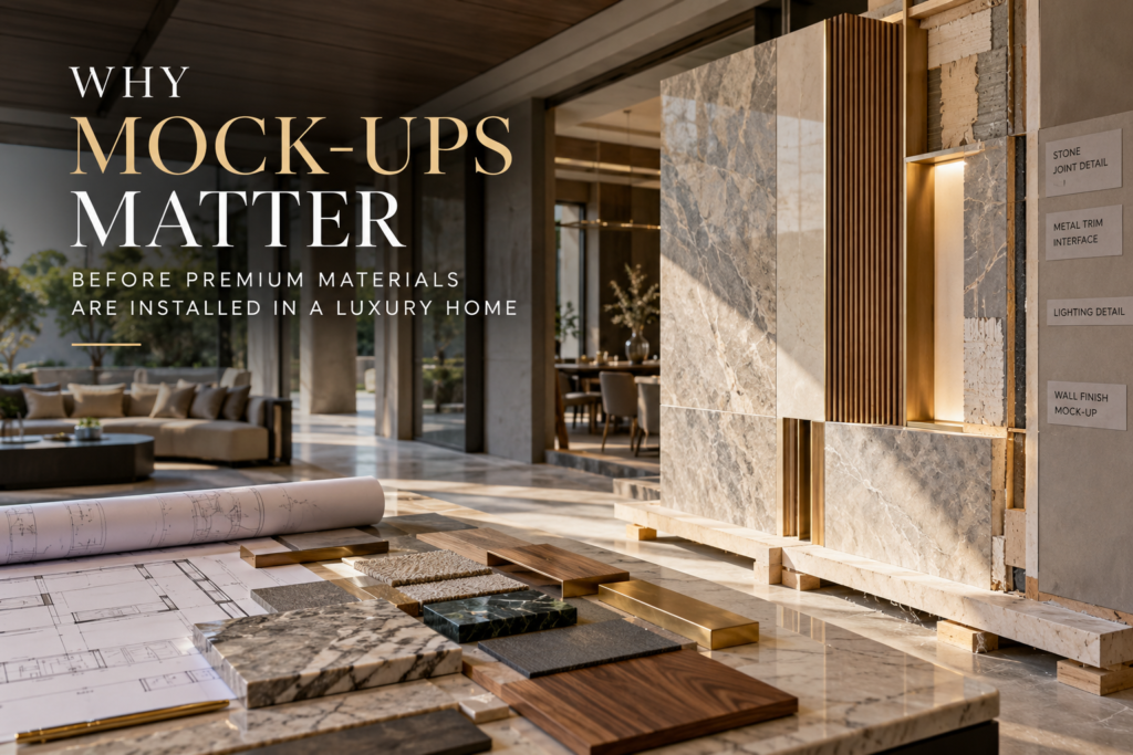 Architect reviewing first-off premium material installation in a high-end Indian residence before bulk execution.