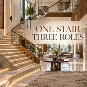Luxury home staircase planning with sculptural stair, double-height void and coordinated landing in a premium Indian residence.