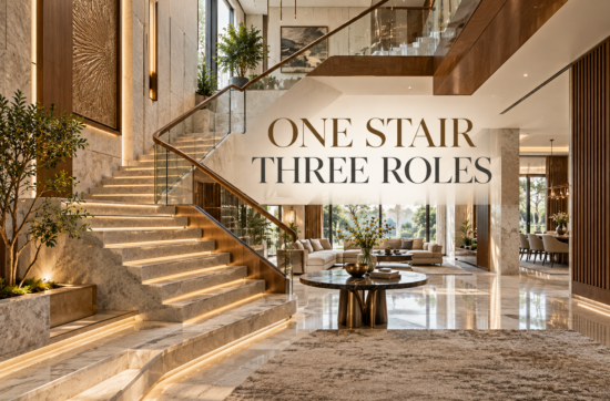 Luxury home staircase planning with sculptural stair, double-height void and coordinated landing in a premium Indian residence.
