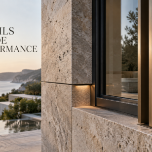 Façade performance in a luxury Indian home with shaded glazing, deep reveals, stone cladding, controlled daylight and maintenance-ready detailing.