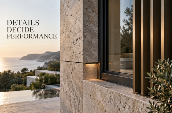 Façade performance in a luxury Indian home with shaded glazing, deep reveals, stone cladding, controlled daylight and maintenance-ready detailing.