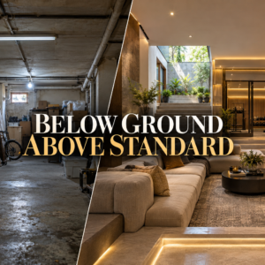 Luxury home basement comparison showing a cluttered, poorly planned basement beside a premium multi-functional basement with home theatre, gym and lounge designed by an architect.