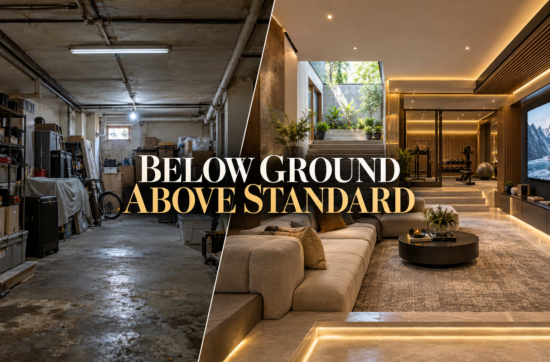 Luxury home basement comparison showing a cluttered, poorly planned basement beside a premium multi-functional basement with home theatre, gym and lounge designed by an architect.