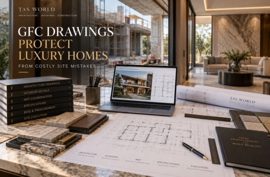 GFC drawings for a luxury Indian home with architectural plans, MEP coordination, lighting, materials, and site execution details.