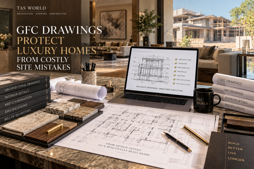 Luxury home design India with Good for Construction drawings, site-ready details, working drawings, and coordinated interiors.