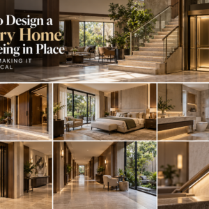 Ageing in place luxury home design with elegant level circulation, accessible suite and integrated private lift in an Indian residence.