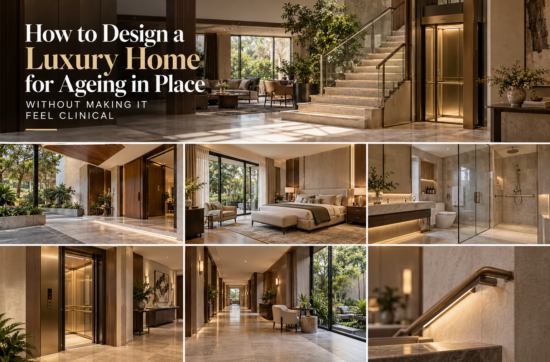 Ageing in place luxury home design with elegant level circulation, accessible suite and integrated private lift in an Indian residence.