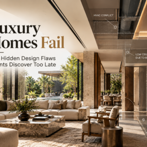Editorial illustration showing how hidden architectural, lighting, HVAC, circulation and planning conflicts can affect luxury homes even when they appear visually beautiful. The image represents the importance of architect-led planning and design-build coordination before construction begins.