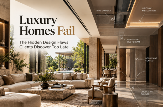 Editorial illustration showing how hidden architectural, lighting, HVAC, circulation and planning conflicts can affect luxury homes even when they appear visually beautiful. The image represents the importance of architect-led planning and design-build coordination before construction begins.
