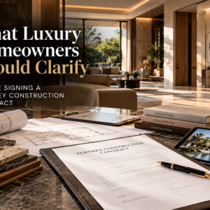 Luxury homeowner and architect reviewing turnkey construction contract documents, drawings and responsibility matrix before signing.