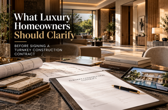 Luxury homeowner and architect reviewing turnkey construction contract documents, drawings and responsibility matrix before signing.