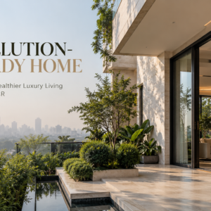 luxury Delhi villa in soft morning haze; sealed windows, light-stone façade, dense green setback planting; a visual contrast between polluted atmosphere and a clean, serene home interior visible through glazing.