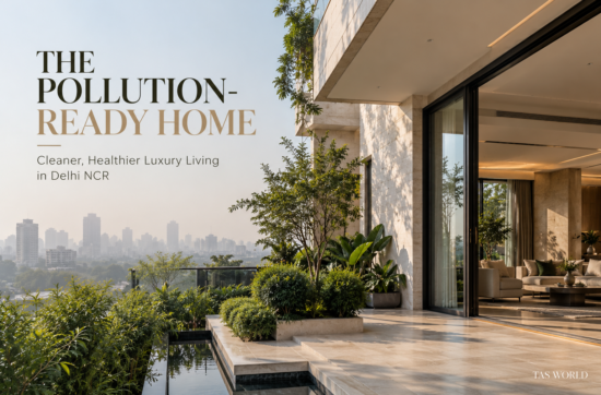 luxury Delhi villa in soft morning haze; sealed windows, light-stone façade, dense green setback planting; a visual contrast between polluted atmosphere and a clean, serene home interior visible through glazing.